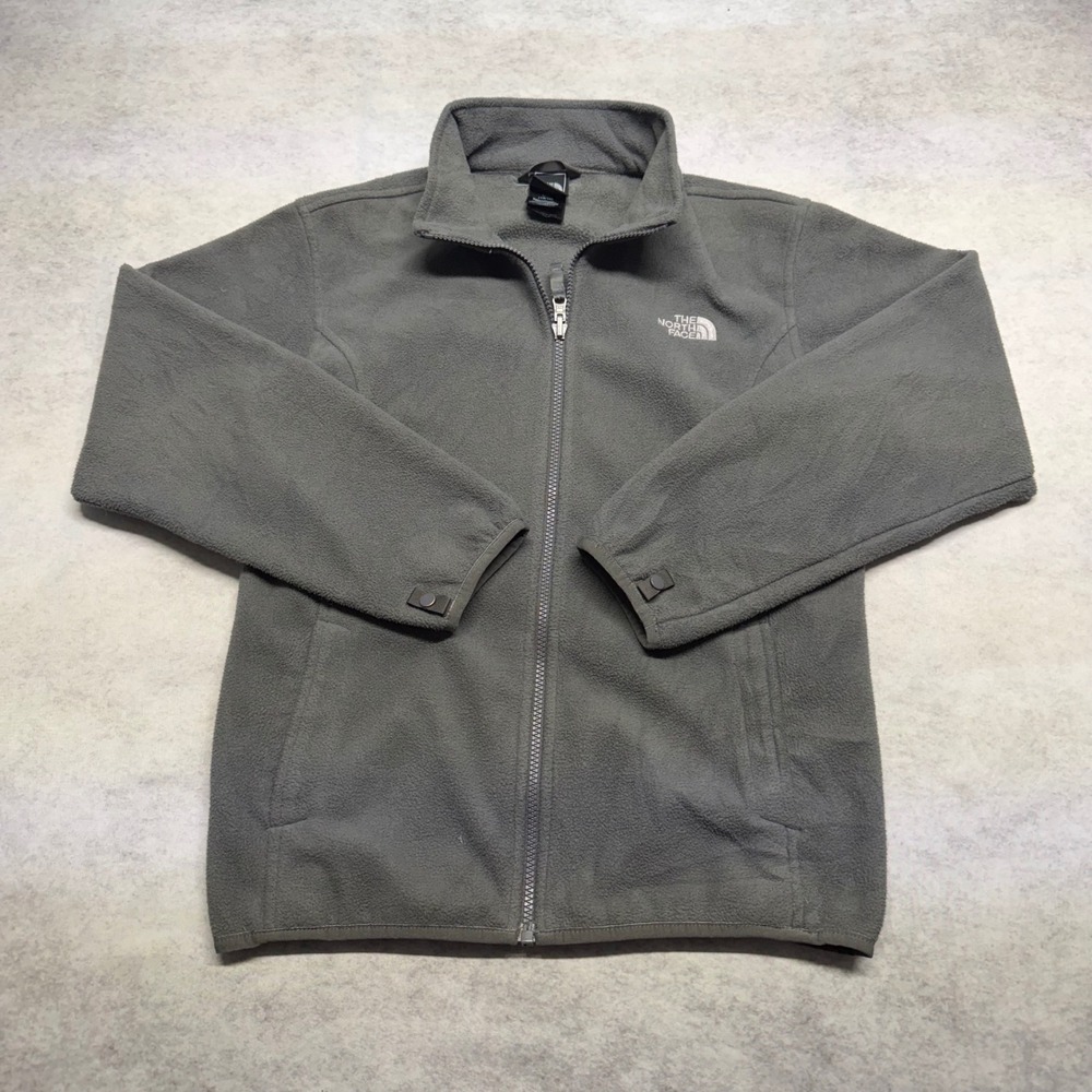 The North Face Boys L 14/16 Gray‎ Full Zip Mock Neck Logo Fleece Jacket Outdoors